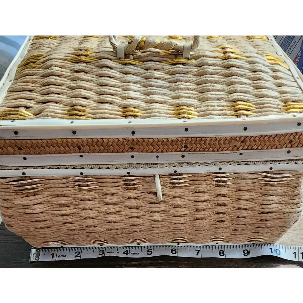 Vintage Natural Woven Fiber Woven Sewing Basket Lined Interior Box